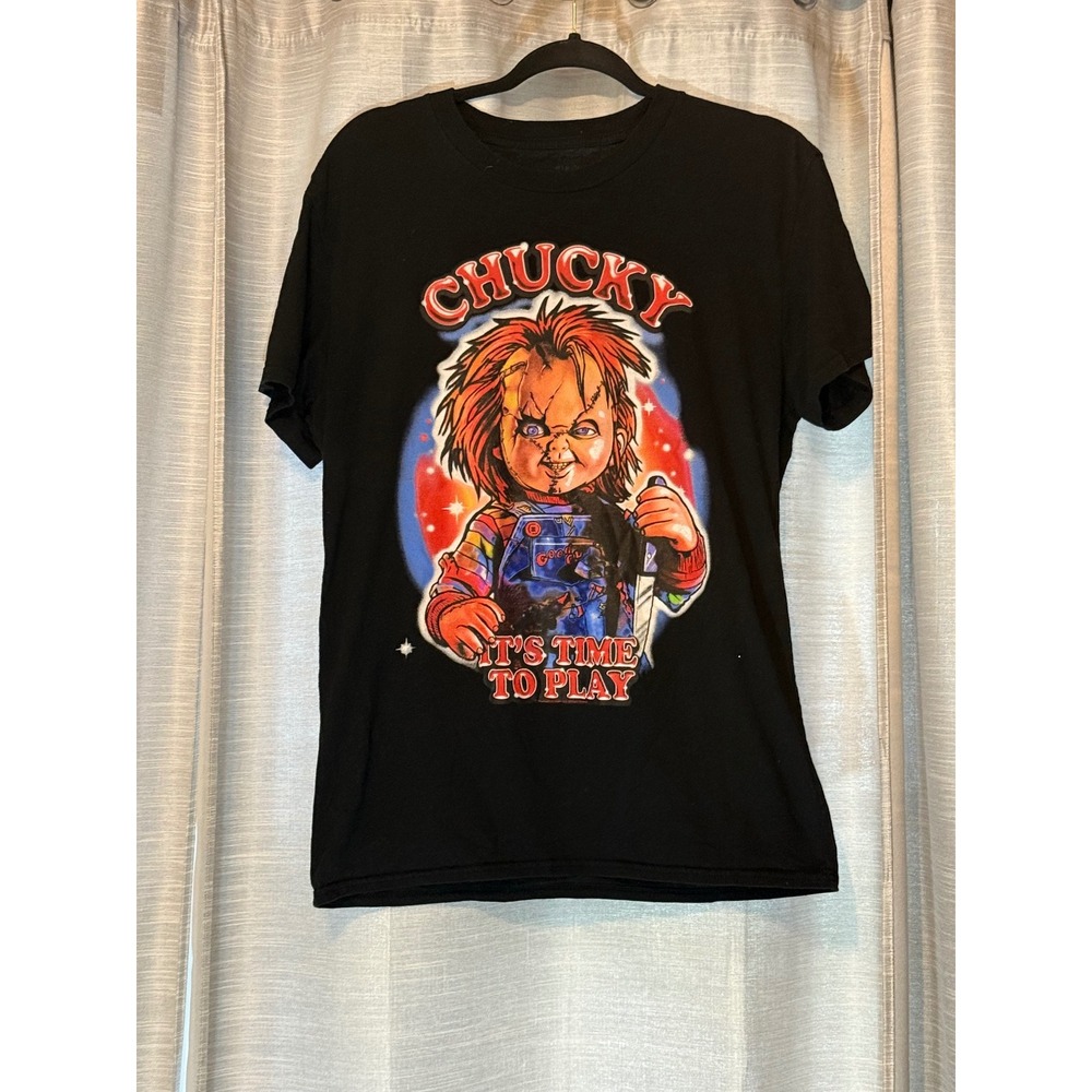 Chucky Childs Play Its Time to Play 1988 Black Mens Throwbkc Halloween Tee Sz M